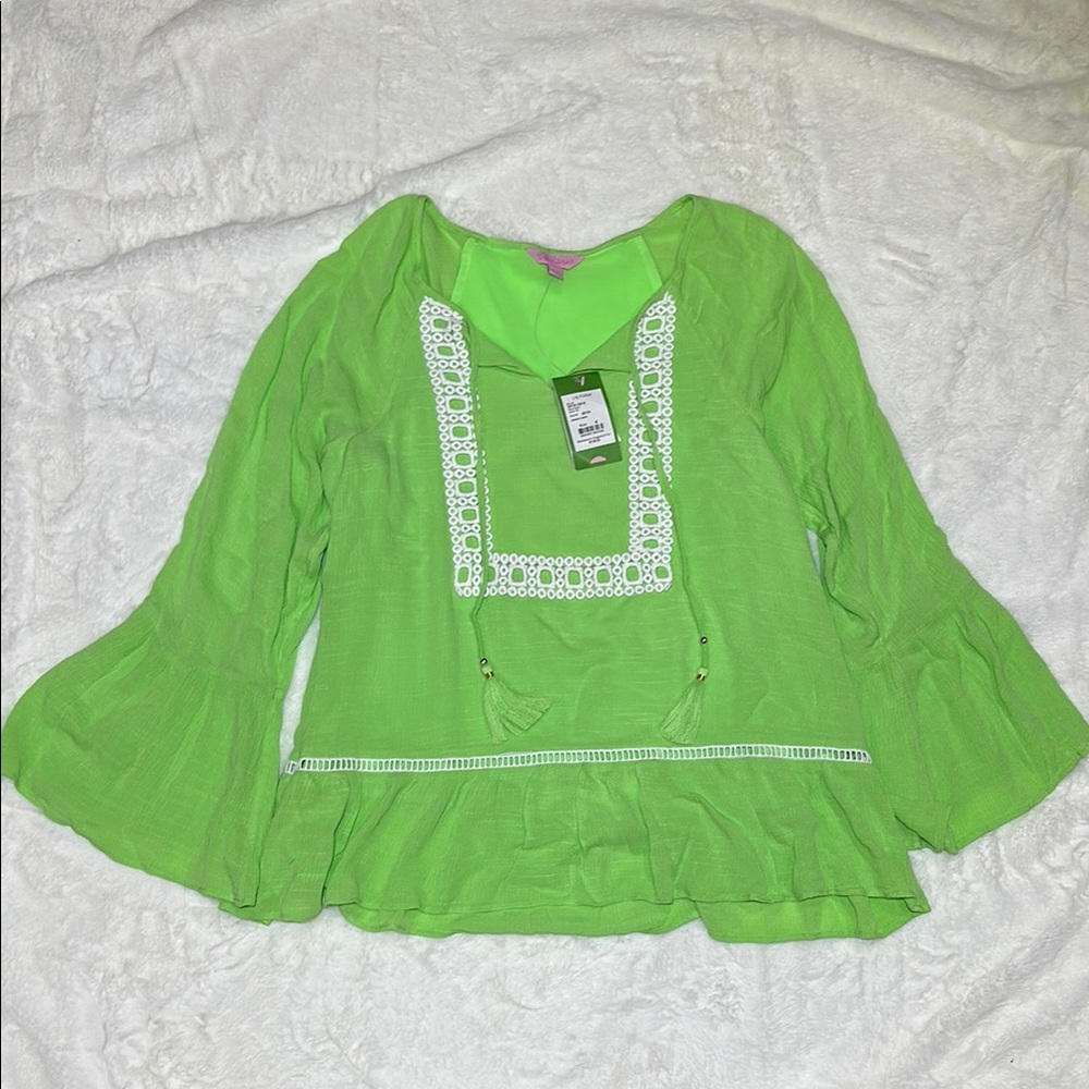🔥🔥🔥NEW Lilly Pulitzer Amisa Top Mermaid Green Bell Sleeves Blouse Size Medium
